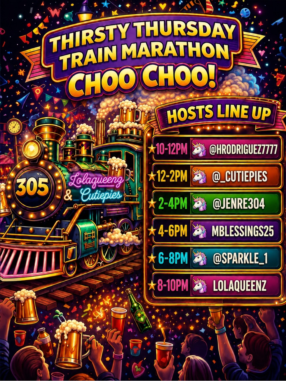 Thirsty Thursdays Train🚂Marathon CHOO CHOO 
I’m Live Now🦄Join Us